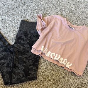 Gymshark Pink Crop Top and Black Camo Leggings Set
